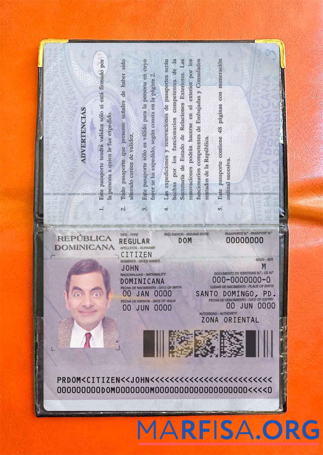 Realistic Dominican Repubic passport version 2 photo look real example